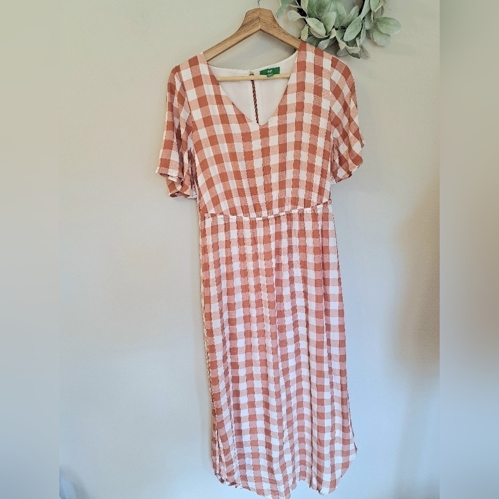 WOMEN'S Dip Orange Gingham Dress V-neck Long Cottagecore Size XS